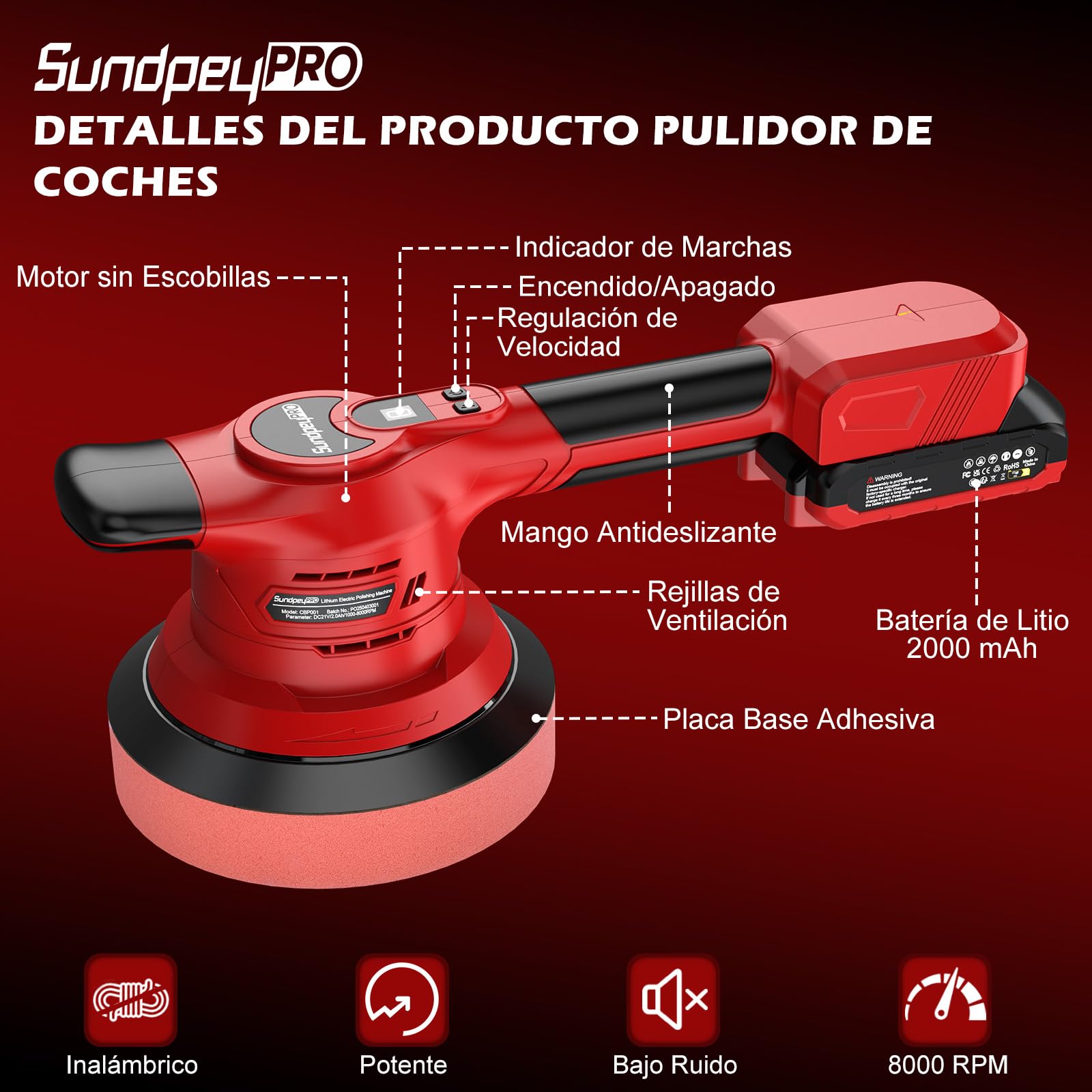 Pulidora de Coche Inalámbrica Brushless - 21V Pulidora Orbital Coche con 8000 RPM, 8 Velocidades, 2 Baterías, Cargador Rápido, Pulidora Coche 6" para Encerado, Pulido y Eliminación de Rayas