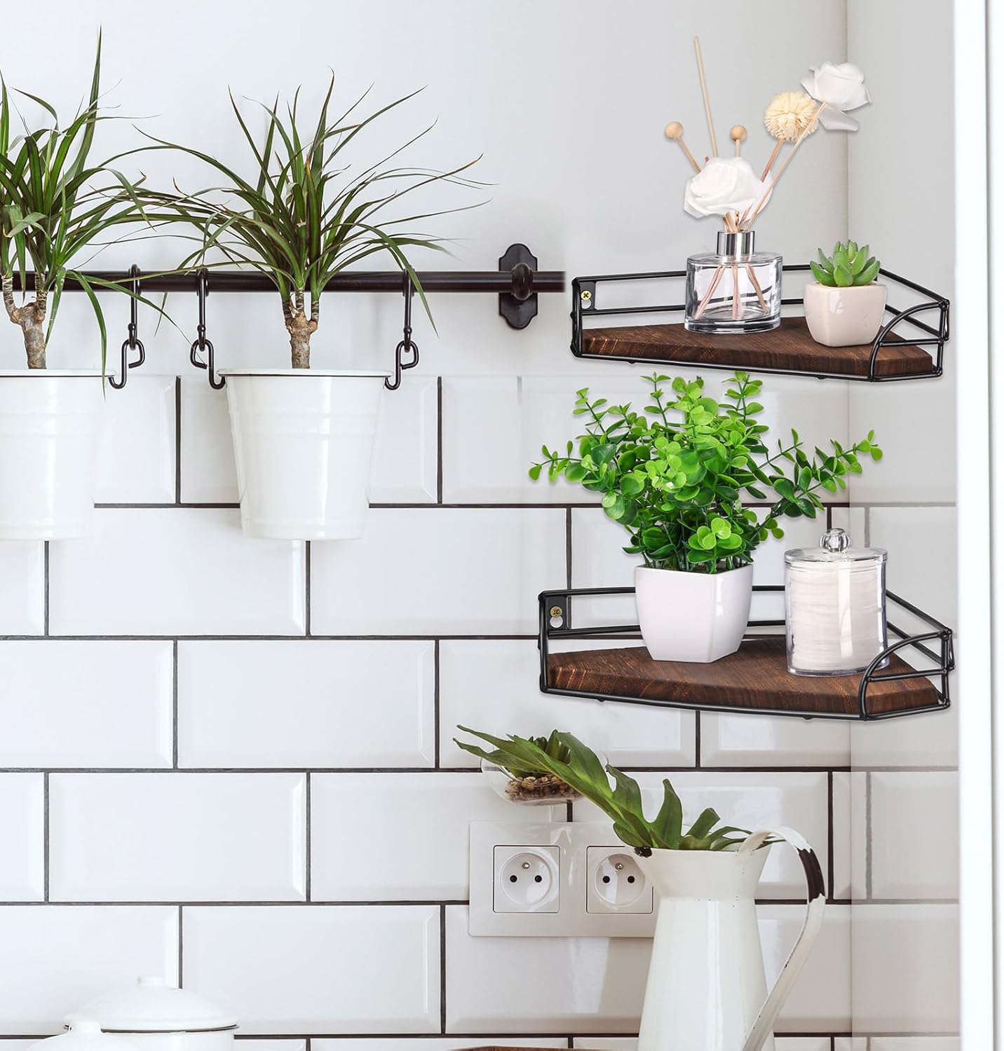 Photect Corner Shelf Wall Mount, Wooden Corner Floating Shelves Set of 2, Bathroom Corner Shelf Storage and Display Hanging Plant Shelves for Restroom Living Room Kitchen Bedroom(Dark Color)