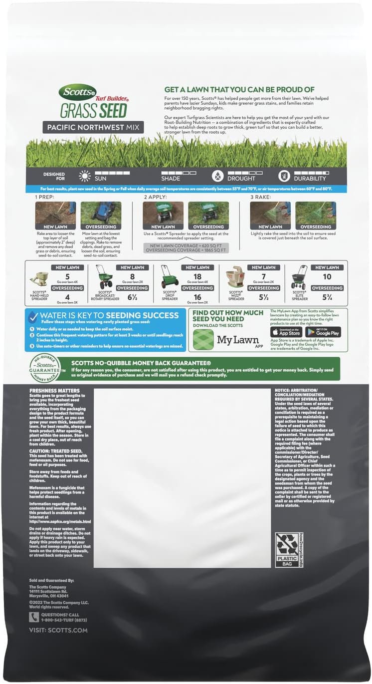 Scotts Turf Builder Grass Seed Pacific Northwest Mix - Grass Seed Plus Lawn Fertilizer & Soil Improver, Premium Mix, Covers Up To 1,865 sq. ft., 5.6 lb.