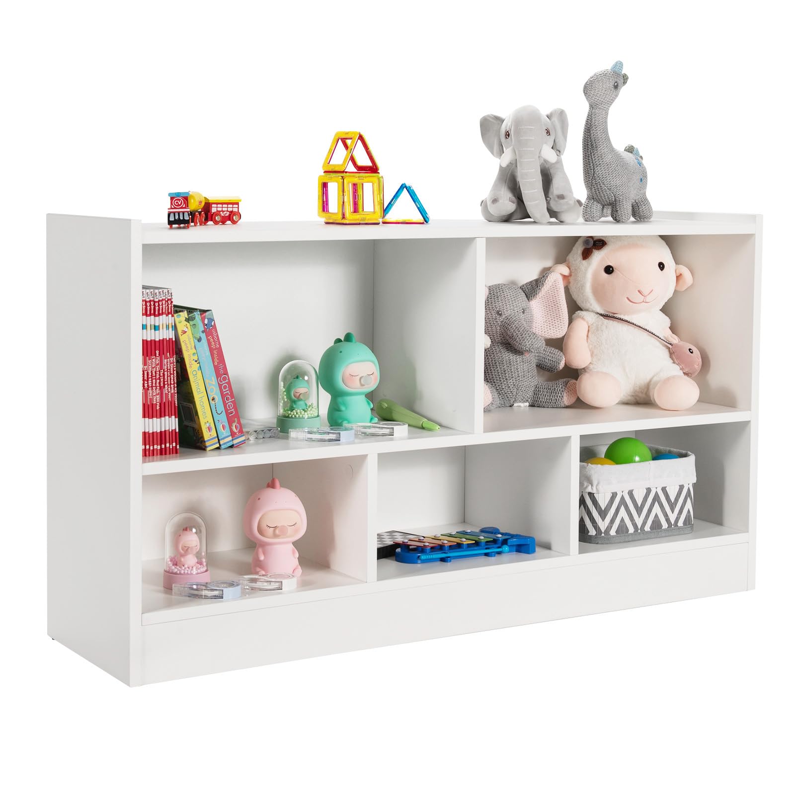 HOMASIS Scaffale per Bambini a 2 Livelli con 5 Scomparti, Libreria per Bambini in Legno, Armadietto Aperto per Stanza dei Giochi, Camera da Letto, Salotto, Aula, 111 x 30 x 61,5 cm (Bianco)