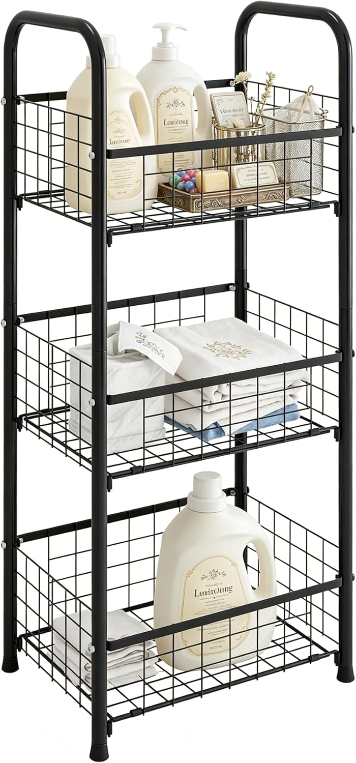 PROXRACER 3-Tier FreeStanding Open Shelf,Bathroom Organizer Shelves Unit with Adjustable Feet, Metal Steel Storage Tower Organizer Rack Basket Cart for Bathroom, Living Room, Balcony, Kitchen