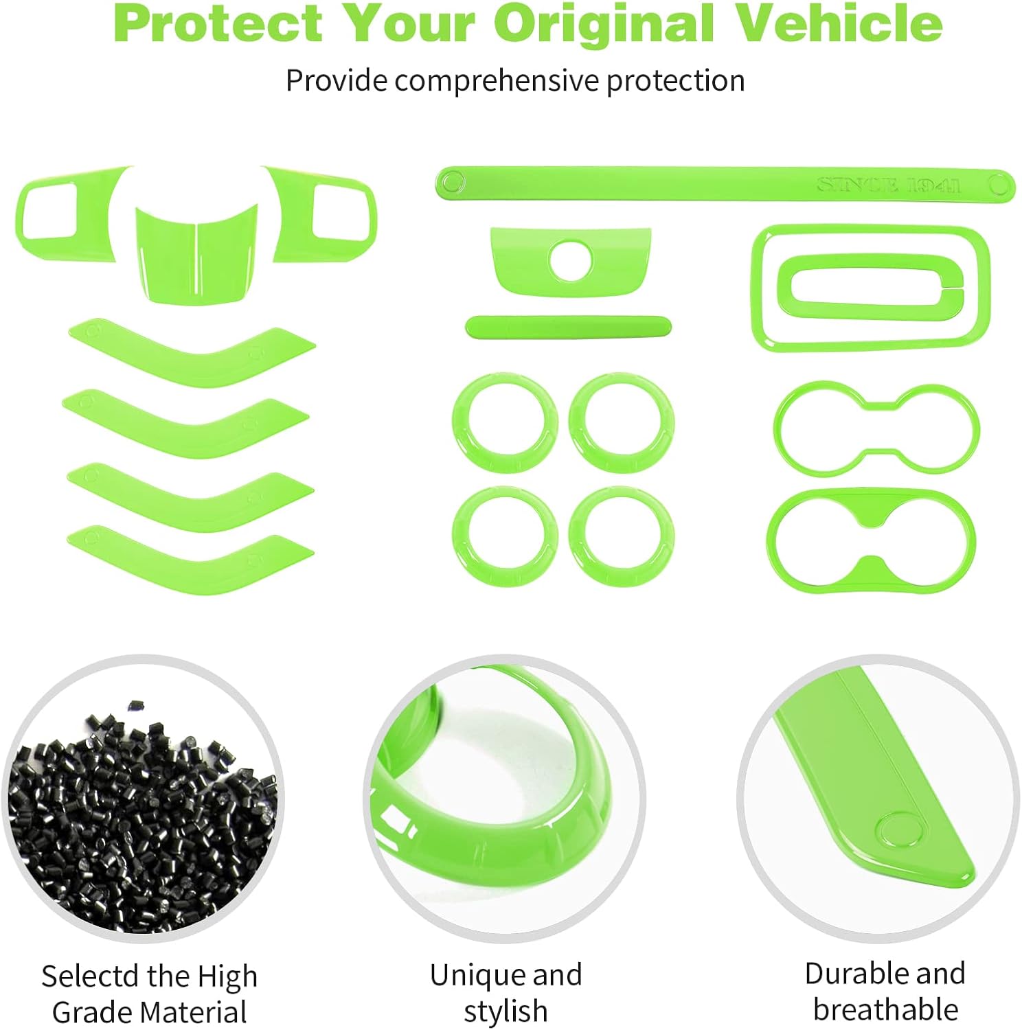 CheroCar 18PCS Interior Trim Kit for Jeep Wrangler JK JKU 2011-2018 4 Door,Steering Button Frame, Air Conditioning Vent Trim Cup Holder Cover,Gear Shift Knobs Frame,Light Green…