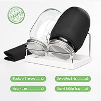 Vista 6 de Sprouting Jar Kit, 2 Wide Mouth Mason Jars, Premium Stainless Steel Screen Sprout Lids, Blackout Sleeves, Tray, Stand, Sprouting Kit for Growing