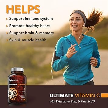 OmniBiotics Ultimate Vitamin C Supplement 2000mg with Zinc, Elderberry Extract, and D3 High Potency Immune Support & Collagen Booster 120 Vegan Tablets