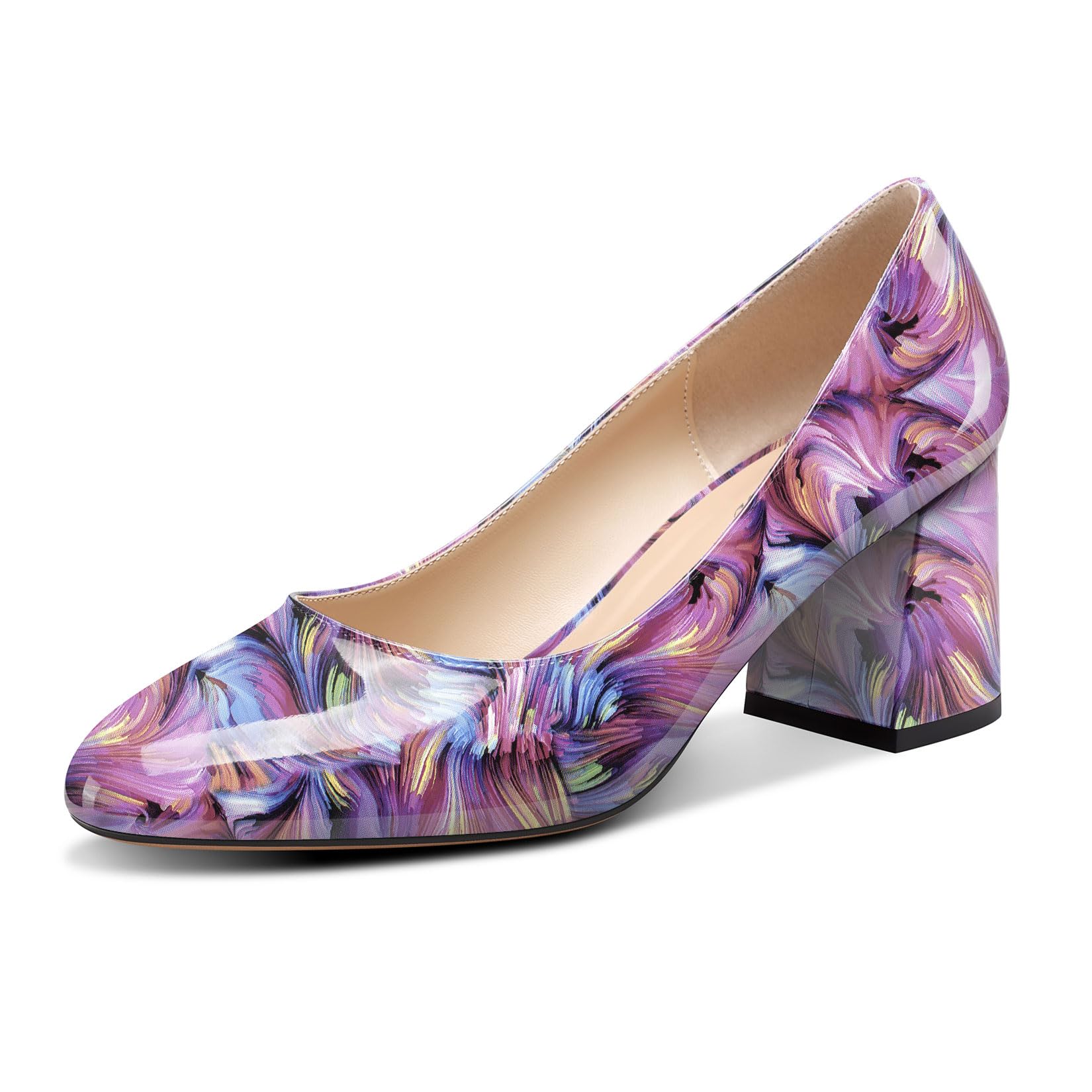 TNYNFBEB Womens Chunky Block Mid Heel Round Toe Pumps Slip-on Prom Wedding Dress Basic Classic Cute 2.6 Inches Heels