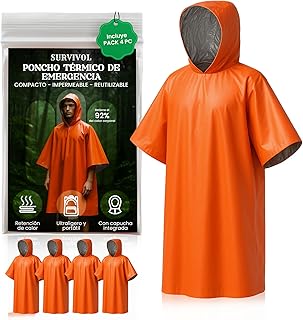 Poncho impermeável 4 peças - kit de sobrevivência 72 horas equipado - poncho chuva - manta térmica sobrevivência reversível com capuz para retenção de calor e chuva - resistente ao vento.