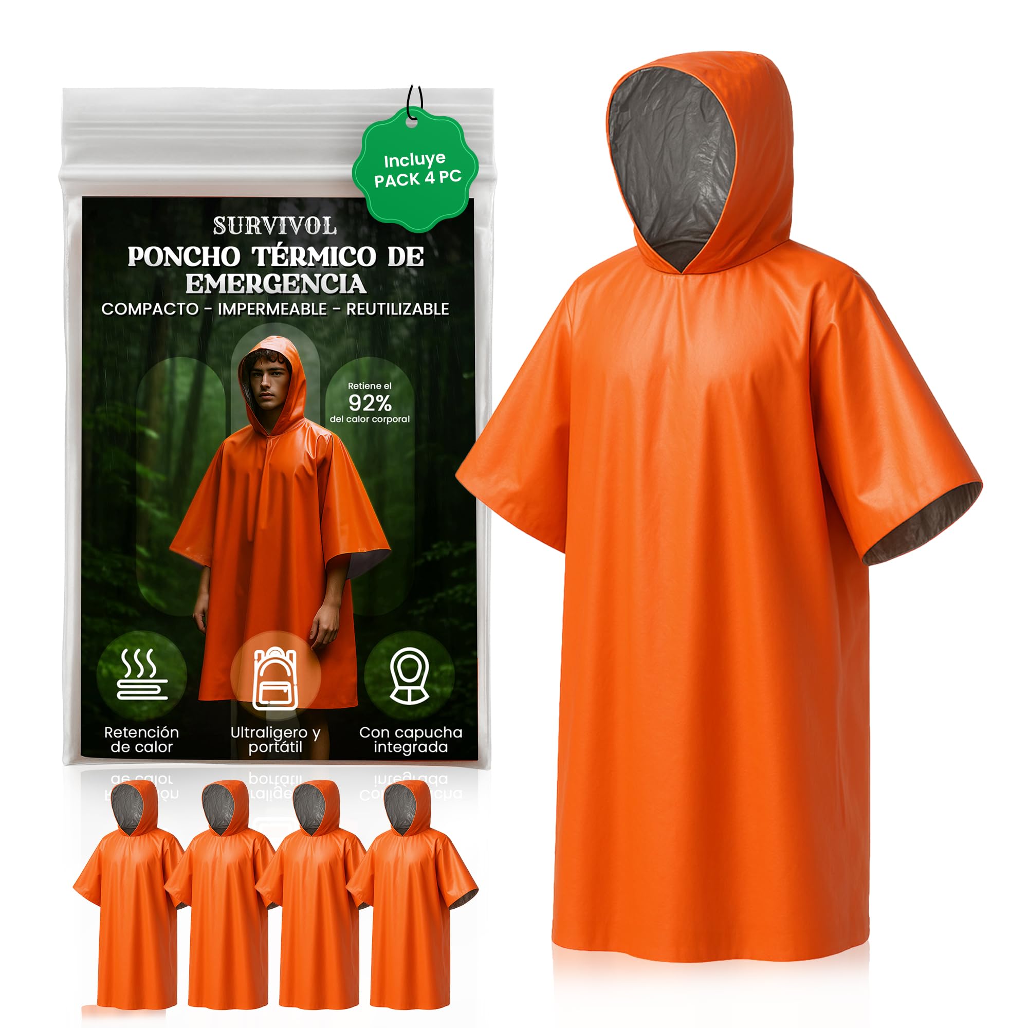 Poncho Impermeable 4 Pc - Kit Supervivencia 72 Horas Equipada - Poncho Lluvia - Manta Termica Supervivencia Reversible con Capucha para Retención de Calor y Lluvia - Resistente al Viento.