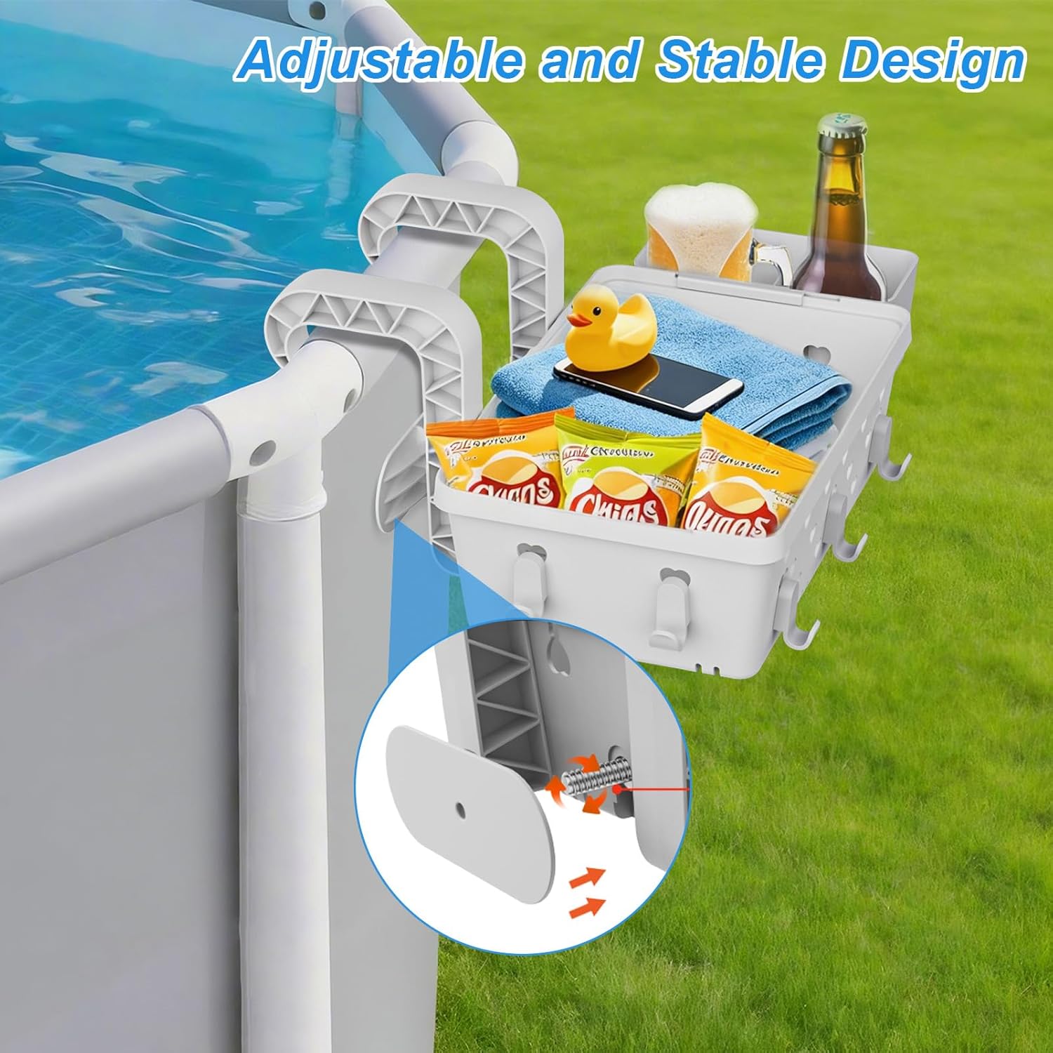 2 Pack Poolside Storage Basket for Above Ground Pool, Hanging Pool Storage Organizer with Cup Holder & Hooks, Pool Accessories Organizer for Towels, Goggles, Toys (Grey)