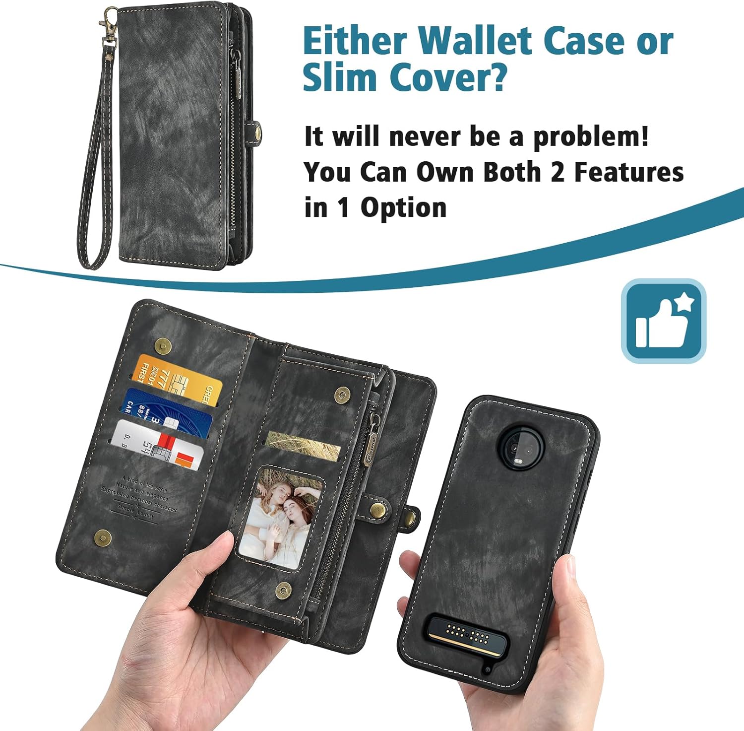 Asuwish Phone Case for Moto Z3 / Z3 Play Zipper Wallet Detachable Cell Cover with Tempered Glass Screen Protector Crossbody Strap Flip Card Holder Motorola MotoZ3 Z 3case 3 3Z Z3play Women Girls Black