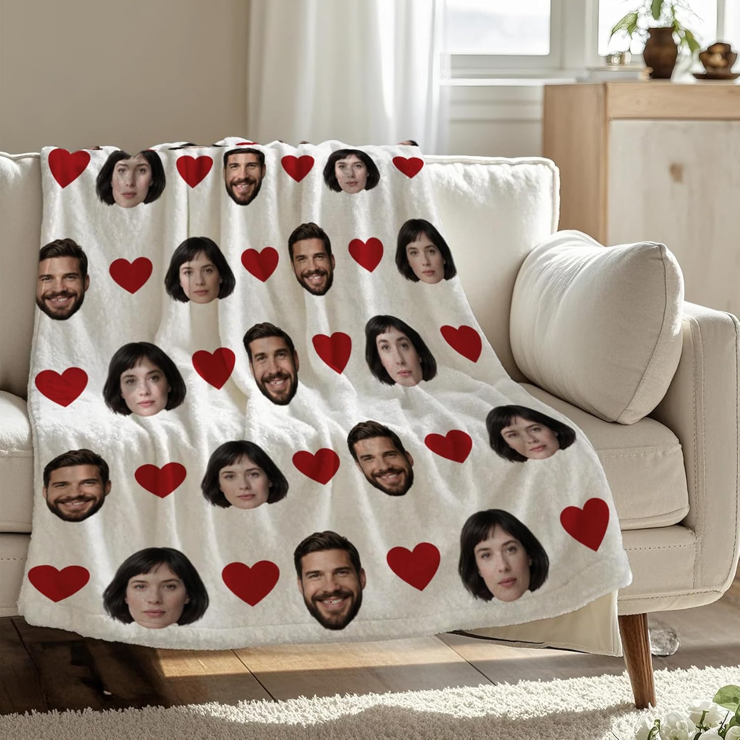 Personilzed Love Throw Blanket, Custom Love Hearts with Photo Soft Cozy Plush Blanket, Romantic Birthday Gifts for Women Wife Her Couple Fuzzy Fleece Blanket for Home Sofa Couch Bed 50 x 60 Inch