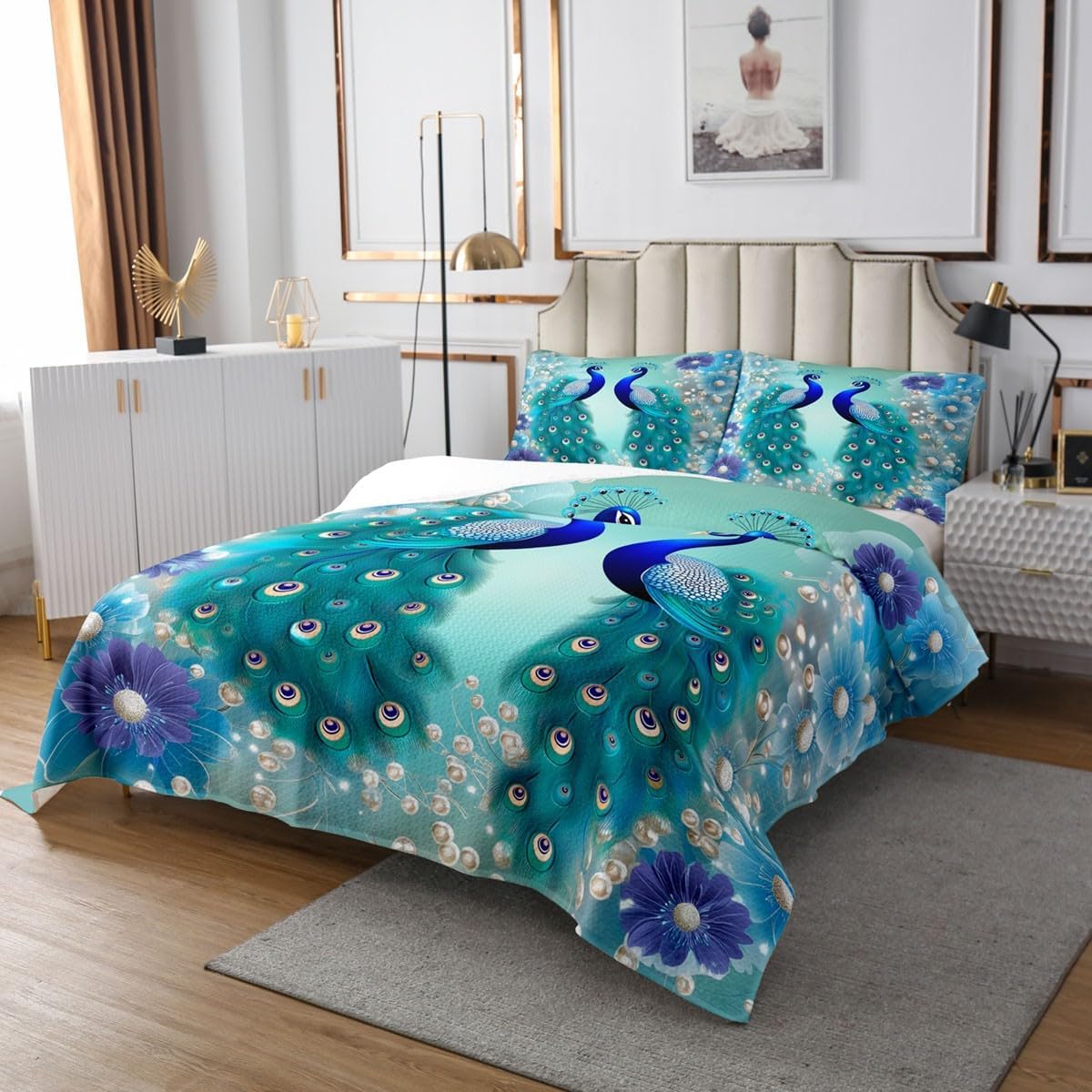 Erosebridal Peacock Bedspread Bohemian Quilted Exotic Birds Animals Coverlet Set Navy Blue Feather Teal Floral Fresh Natural Bedspread Quilt Set with 2 Pillow Cases Bedroom Decor King Size Pastel