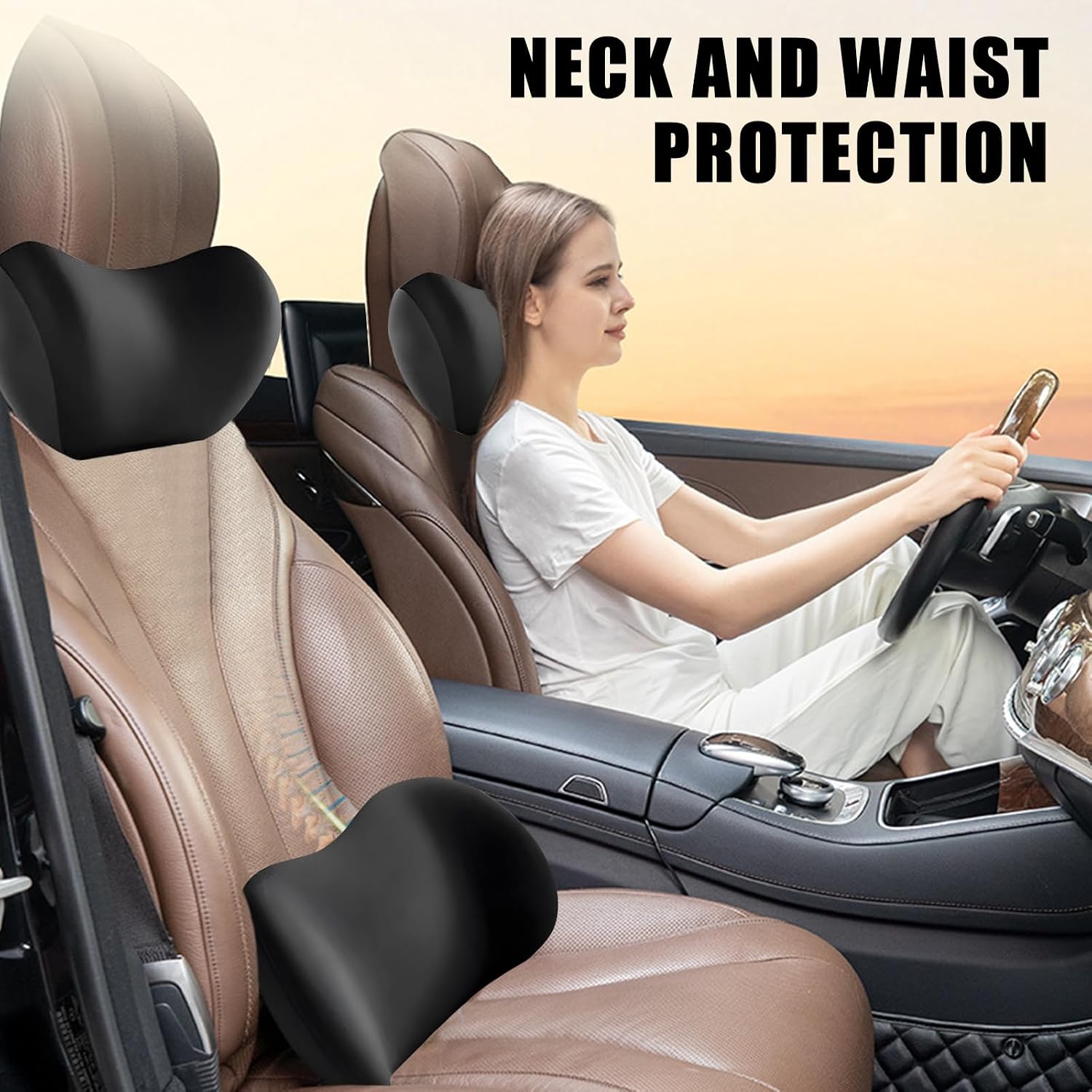 Car Headrest & Lumbar Support Cushion，2025 New Car Lumbar Support Pillow and Car Neck Pillow,Ergonomic Car Seat Headrest Neck Rest Cushion Lumbar Support Pillow Memory Foam & Breathable Removable