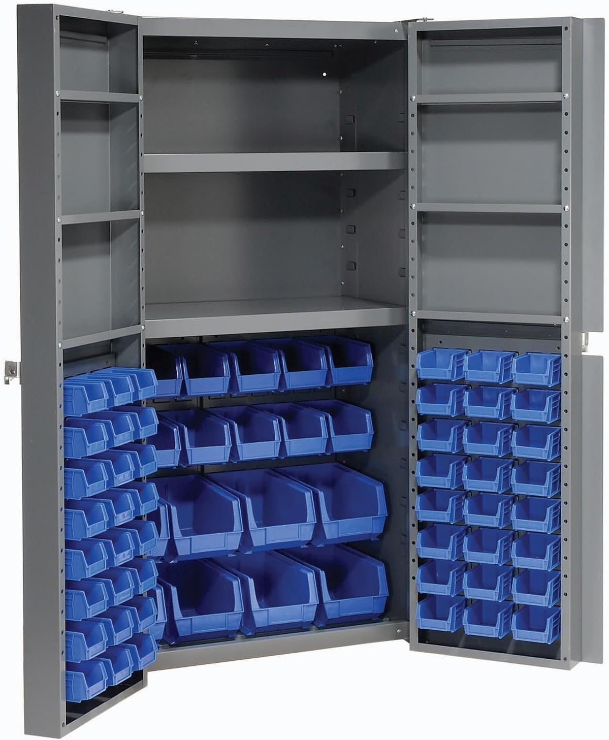 Global Industrial Deep Door Bin Cabinet, Includes 68 Blue Plastic Bins, Padlockable Steel Cabinet, 38" W x 24" D x 72" H, for Tool and Parts Storage, Assembly Required