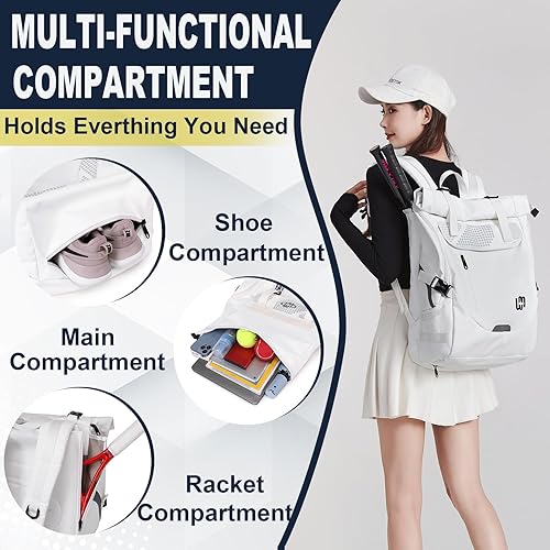 Miniatura 4 de UMGG - Mochila de tenis para mujeres y hombres con capacidad para 2 raquetas con compartimento para zapatos, mochila grande de pickleball para