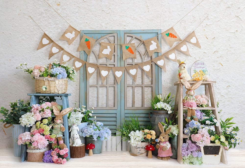 Kate Toile de fond Happy Easter pour séance photo, fleur de printemps, lapin, carotte, bannière, décoration de fête, accessoires photo stduio, 2,1 x 1,5 m