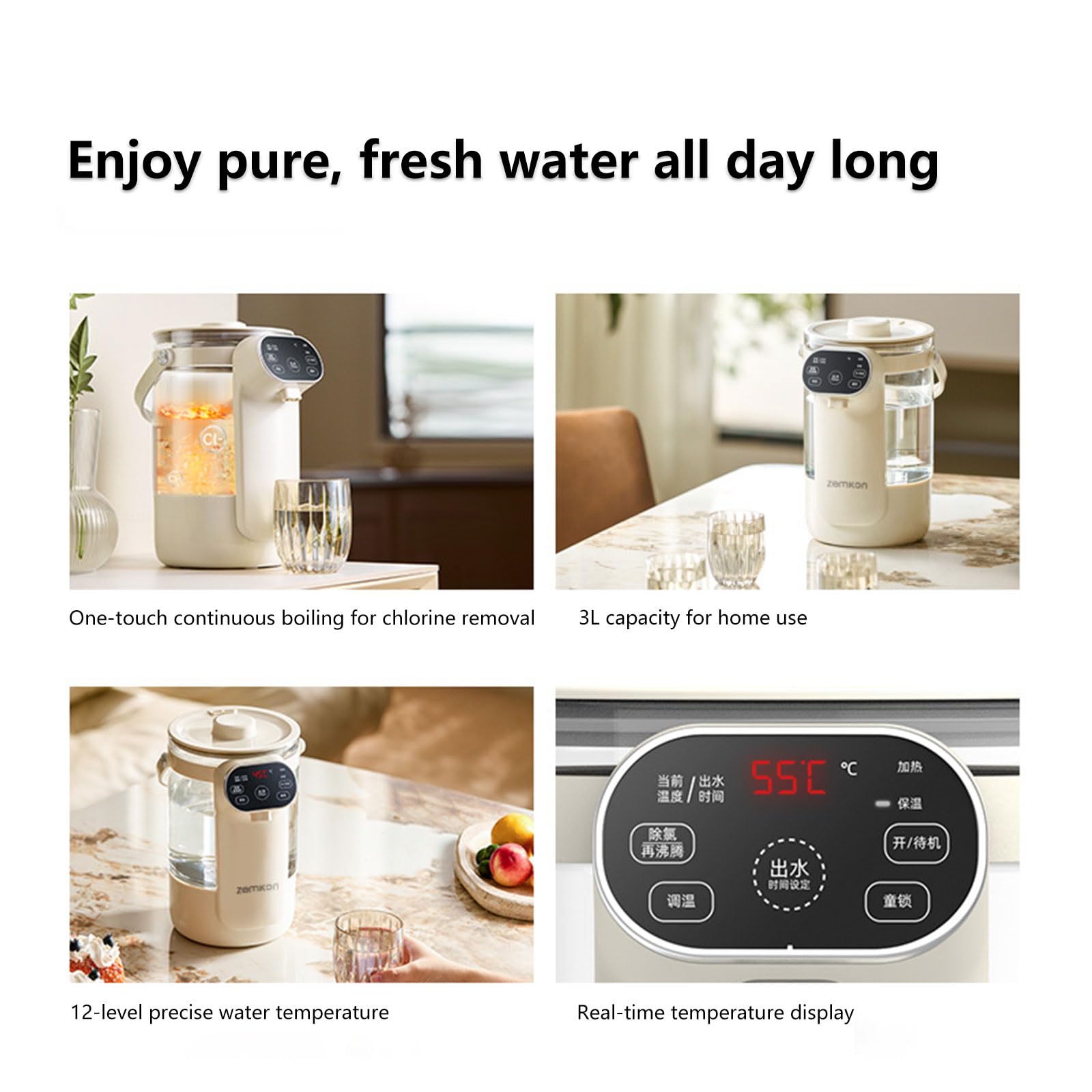 Dispensador de Agua Caliente instantánea 800W Heredora rápida Tanque de Vidrio 3L 3L Heredero Continuo y declorado Hervidor eléctrico con Control de Temperatura Adecuado para Todos los embotellados