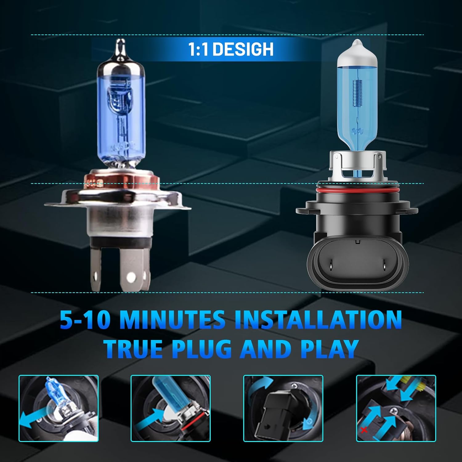 Halogen Headlight Bulbs Fit For 2007-2015 Chevy Silverado 1500 2500 3500,9005/HB3 High Beam H11 Low Beam Halogen Bulb Kit,100W 400% Brightness 6500K Cool White Light,Plug n Play,4 Pcs