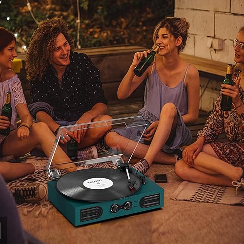 Miniatura 11 de Tocadiscos de vinilo con altavoces integrados de 3 velocidades, tocadiscos vintage con control de agudos y graves, conector de auriculares de 3.5mm,