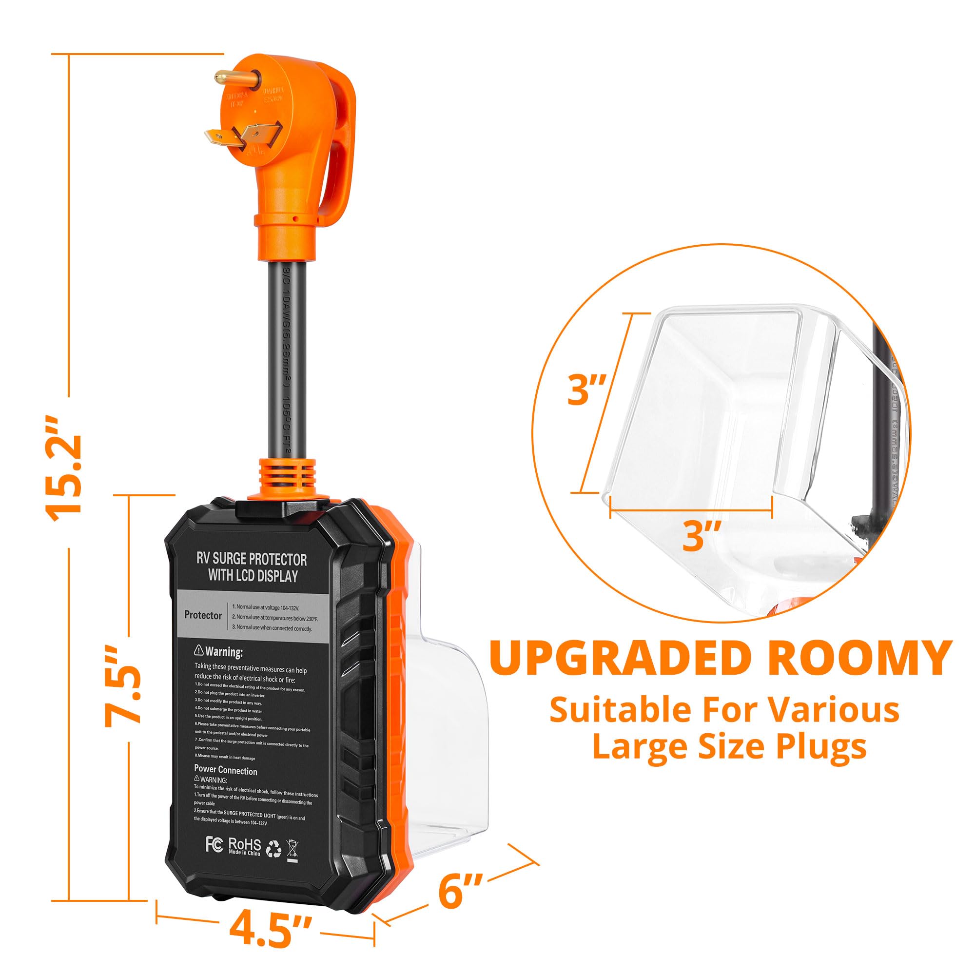 Rv Surge Protector 30 Amp, 13000 Joules RV Circuit Analyzer Surge Protector with Waterproof Cover and LED Display, Smart RV Adapter Plug for Camper, Travel Trailers, Orange