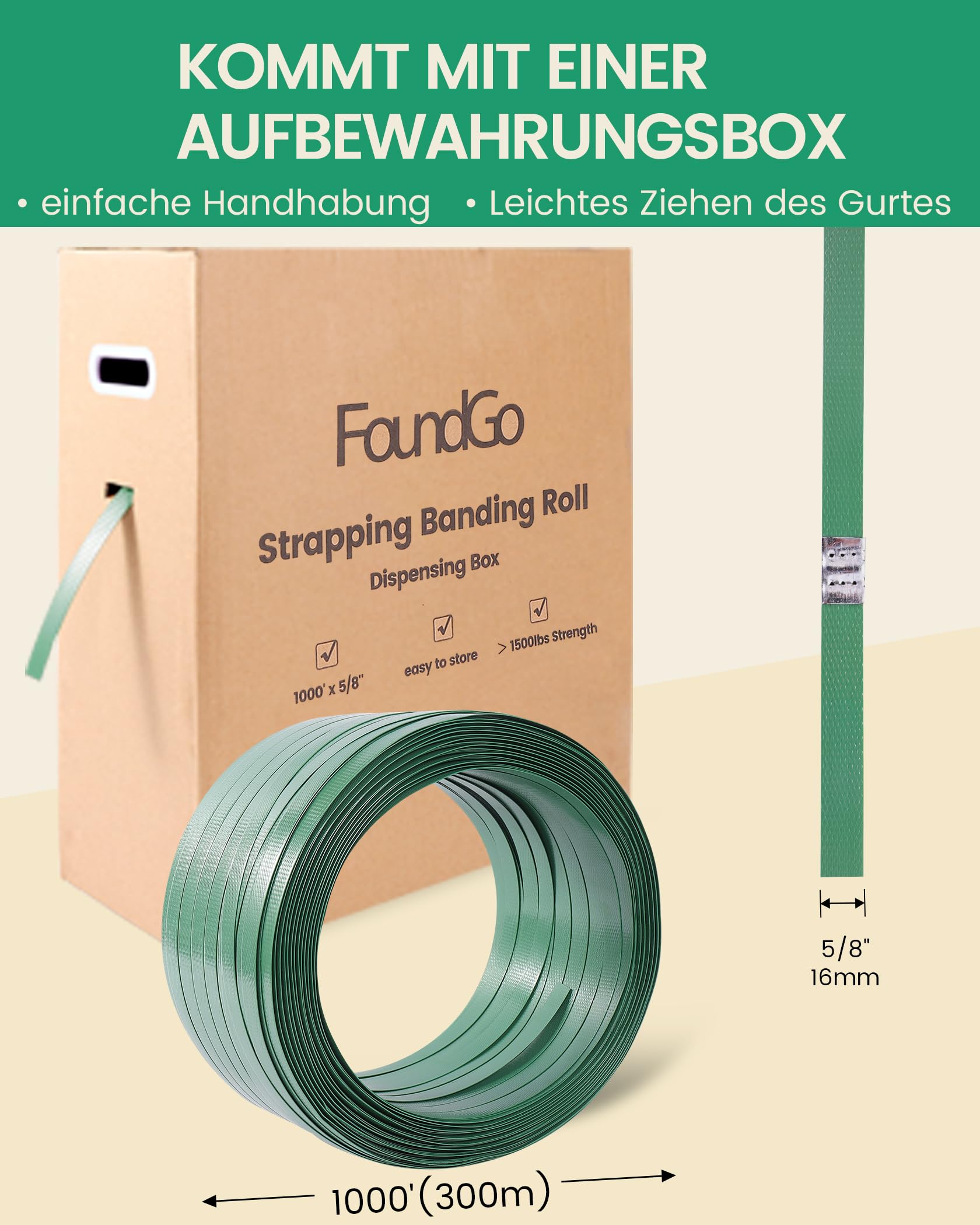 FoundGo Dispositivo de flejado manual [12-19mm] Kit de flejado con 300m de cinta de flejado PET de 680kg de resistencia a la tracción para embalaje incl. tensor, cerrador, 300 hebillas metálicas, 100