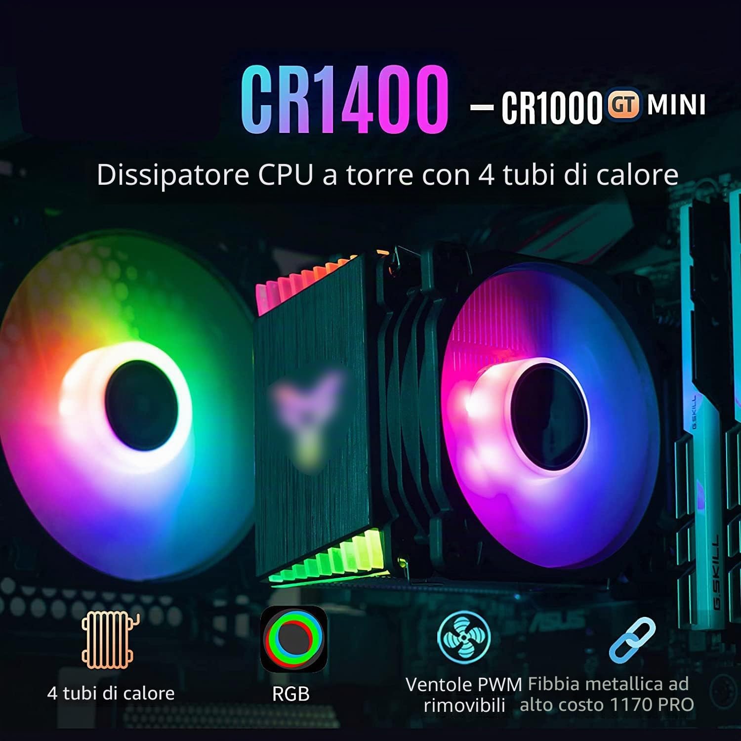 MR-CR1400 Raffreddatore CPU RGB, 4 Colpi di Calore, Ventola da 126 mm, Fan PWM Rimovibili da 92 mm, Fins Bending, Illuminazione a 4 Pin per AMD Ryzen/Intel LGA 1700 115X