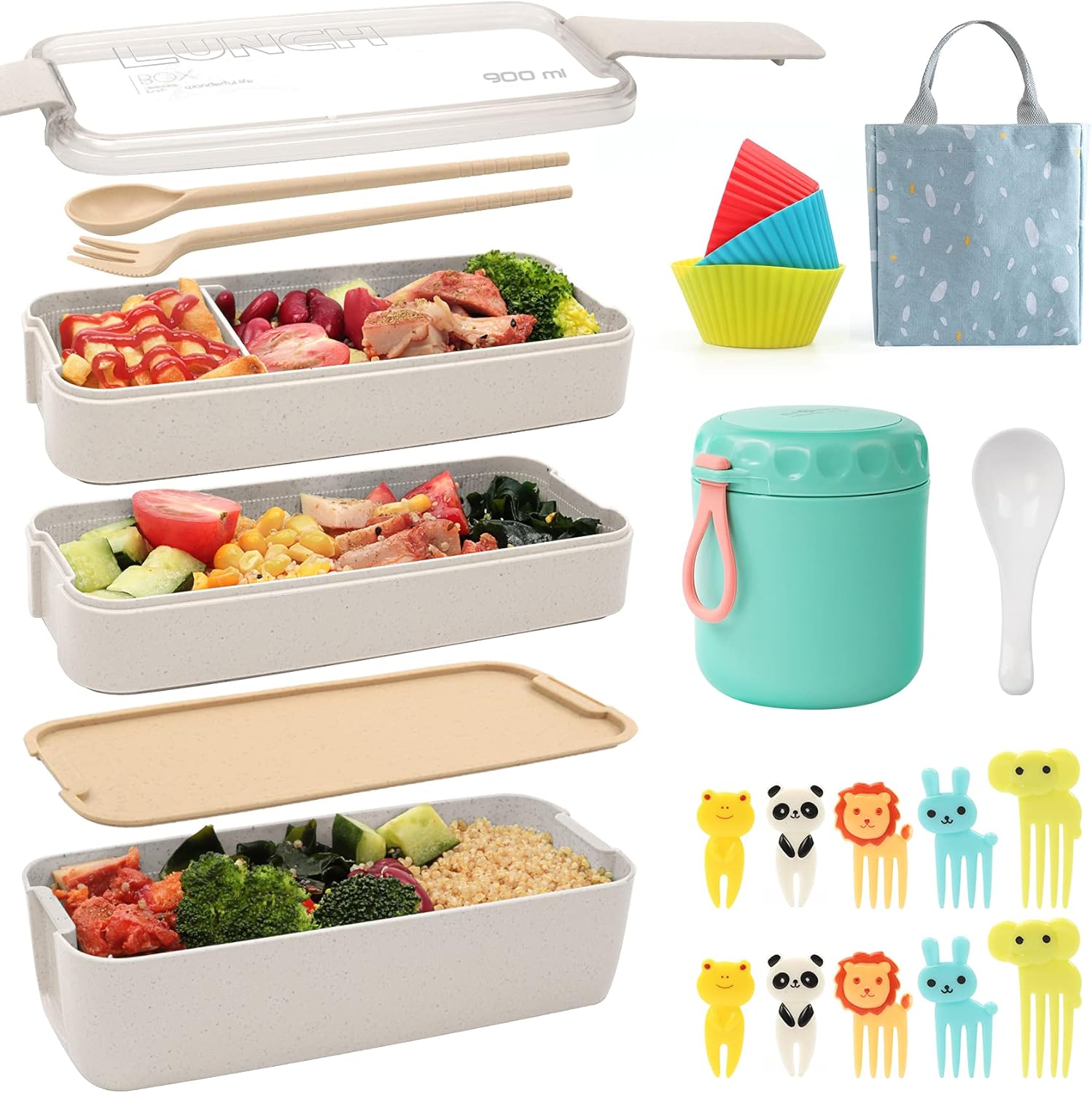 Ozazuco Bento Box Japanese Lunch Box,3-In-1 Compartment - Wheat Straw, Leakproof Eco-Friendly Bento Lunch Box Meal Prep Containers for Kids & Adults: Home & Kitchen
