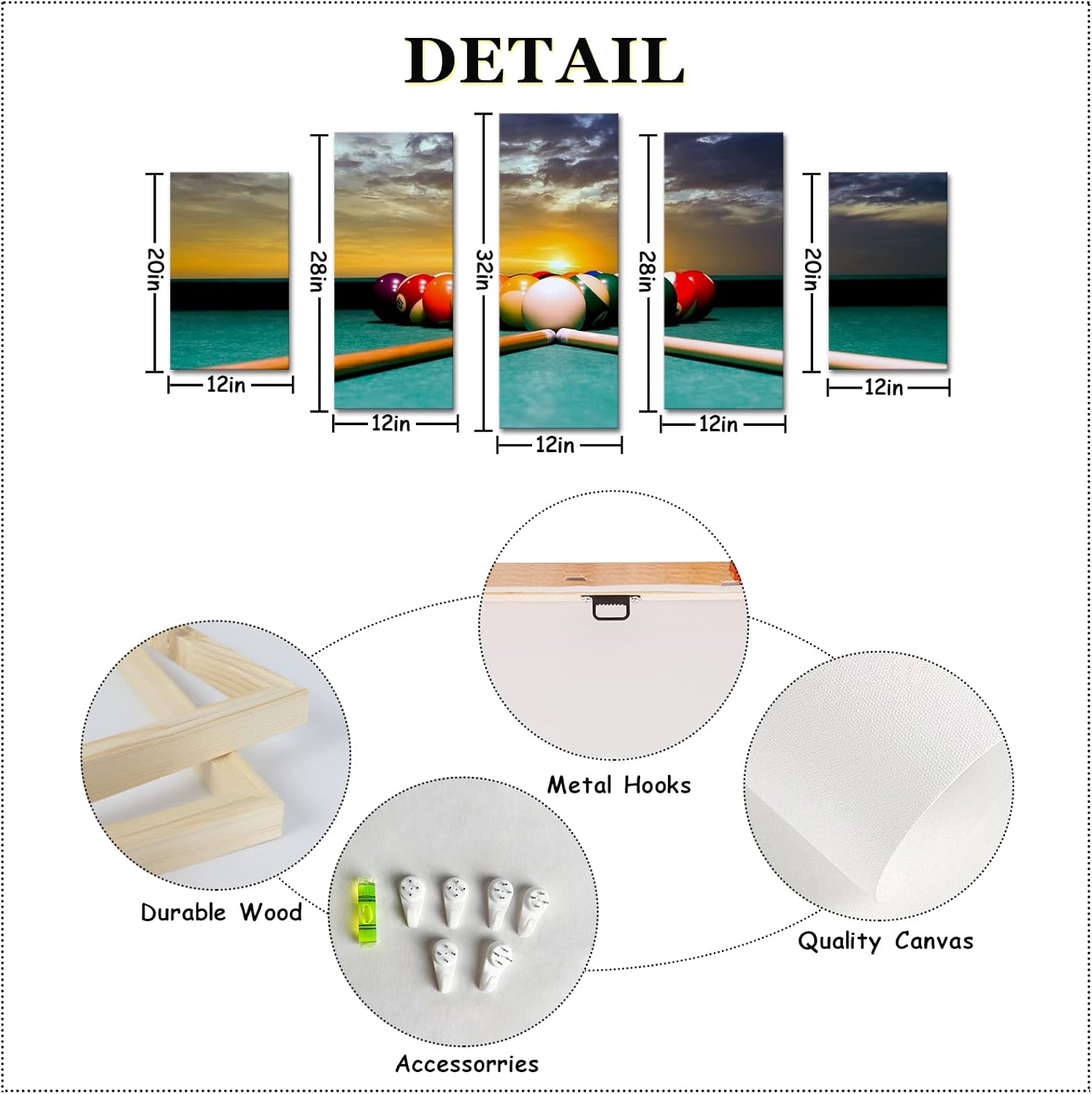 iLOOKLiKE Game Canvas Wall Art Pool Table Room Decor Billiard Balls Pictures Wall Decor Leisure Sport Painting Prints for Modern Game Room Club Bar Decoration12x20inchx2+12x28inchx2+12x32inchx1