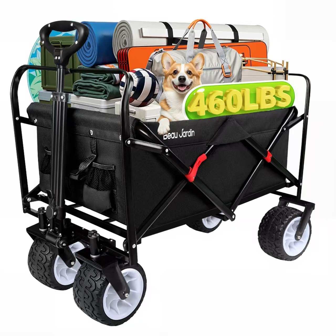 BEAU JARDIN Collapsible Folding Wagon Cart 460lbs Heavy Duty Foldable Garden Cart with All Terrain Beach Wheels Utility Wagon Cart for Camping Fishing Sports Shopping Black