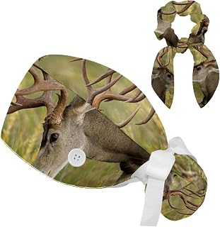 FVQL 2 Pieces Surgical Cap for Long Hair Scrub Cap with Hairband Nurse Cap, Animal Deer