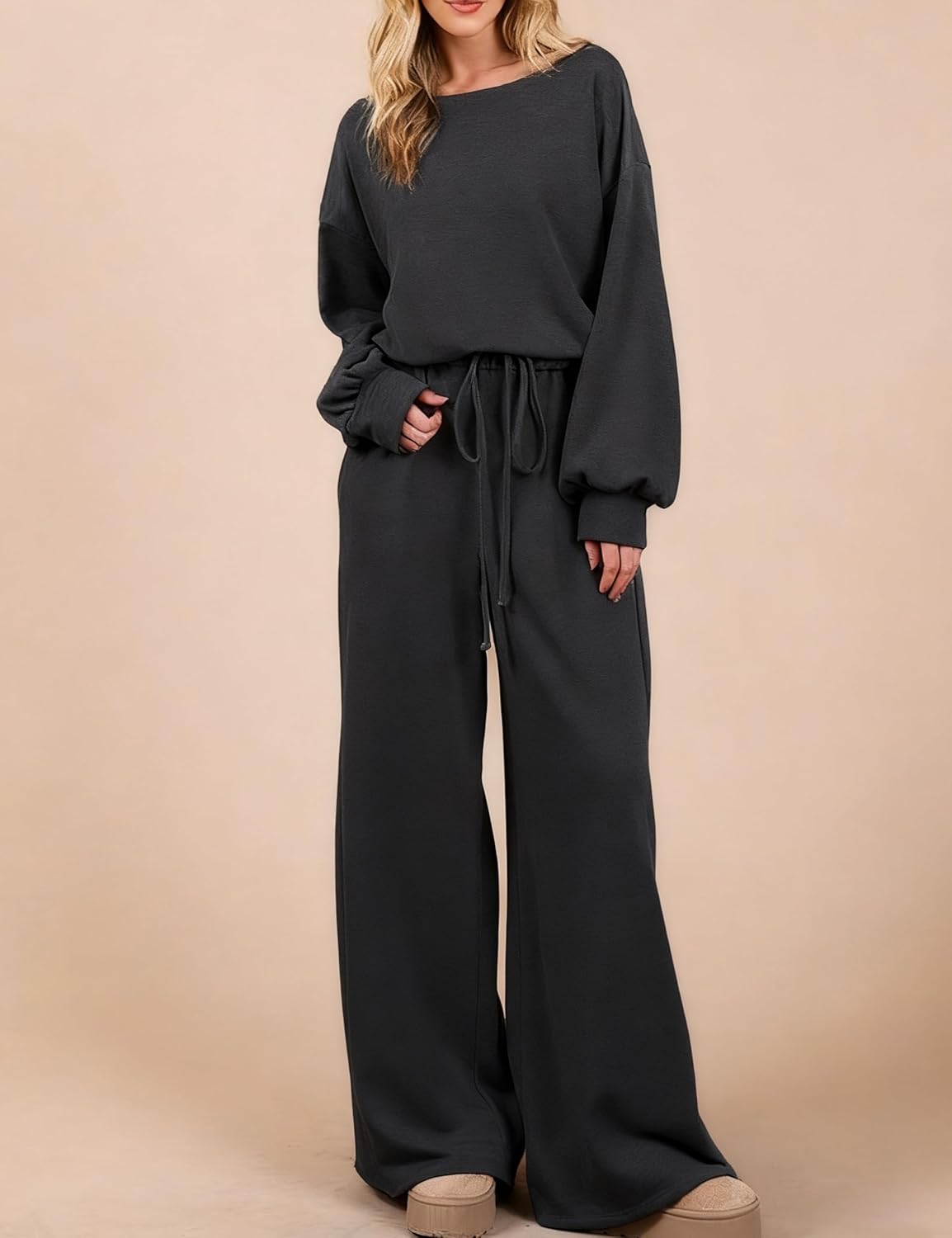 Women's Long Sleeve Jumpsuits Casual Boat Neck Wide Leg Rompers Elastic Waist Drawstring Long Pants Overalls - Image 2
