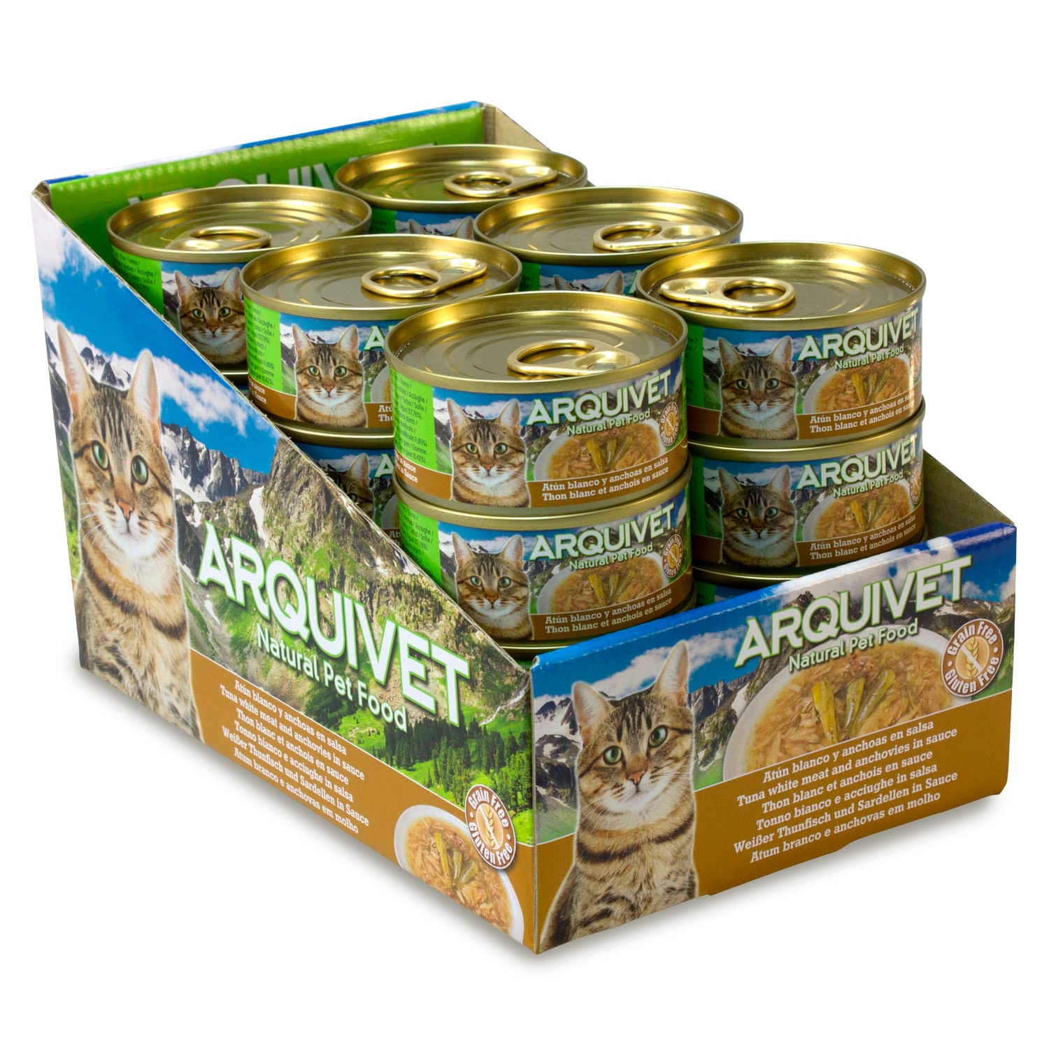 ARQUIVET Pack 24 unités. Thon blanc et anchois en sauce - Aliments gastronomiques à base d'ingrédients 100% naturels - Emballer 24 unités - 80 gr par unité - Aliments humides pour les chats