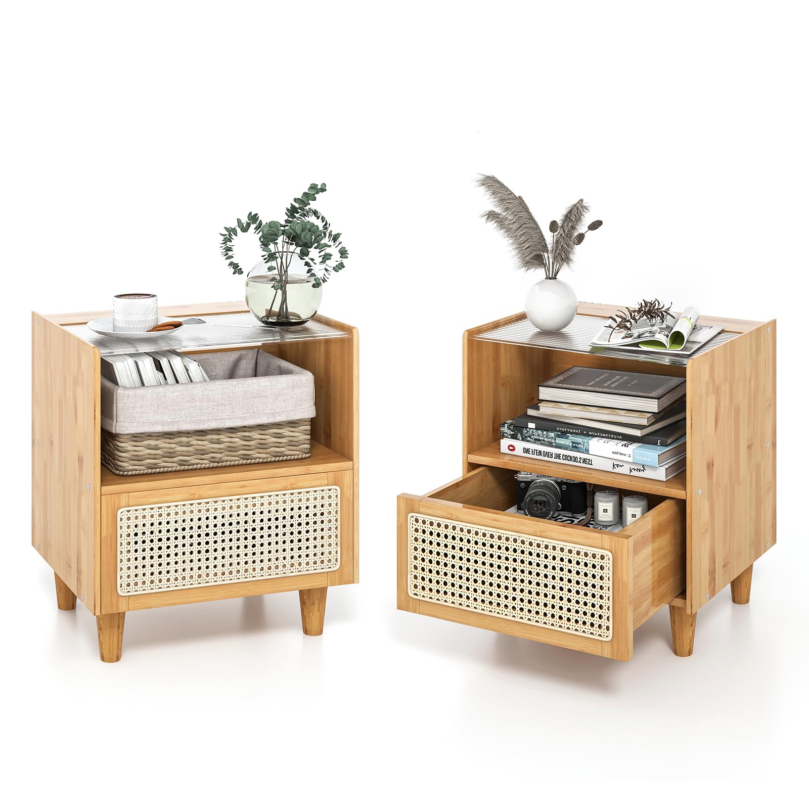 RELAX4LIFE Nachttisch mit Rattan-Schublade & Offenem Regal, Nachtschrank mit Glastischplatte & Kabelschlitze, Nachtkonsole aus Bambus, Beistelltisch für Wohnzimmer Schlafzimmer (2, Natur)
