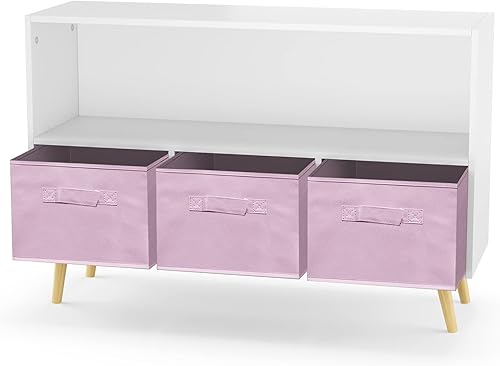 Miniatura 11 de Estantería para niños con 3 cajones de tela plegables y estantes abiertos, armario de almacenamiento moderno de madera, armario de almacenamiento de