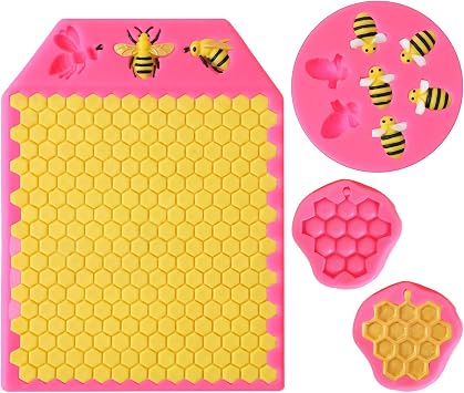 Bee Honeycomb Mold Set 4 Pcs, Non-Stick Silicone Chocolate Molds for Chocolate Cake Candy Edible Bees, Fondant Molds Polymer Clay Resin Kitchen Baking and Crafting