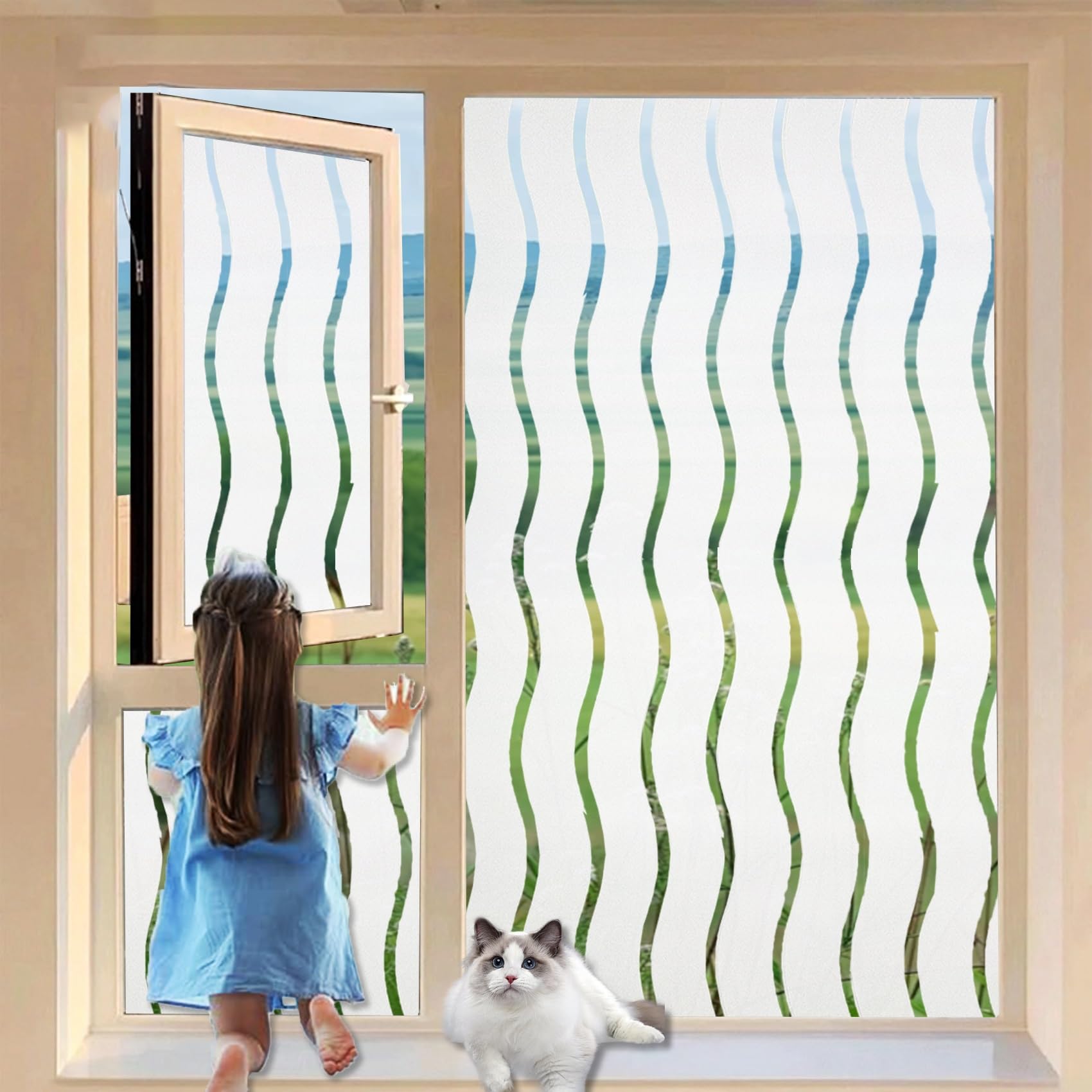 Frosted Glass Film for Windows 50 x 130 cm, No Glue Window Sticker, Privacy, Opaque, UV Protection, Static Cling, Window Film Lace Decorative Glass Film, for Office, wave