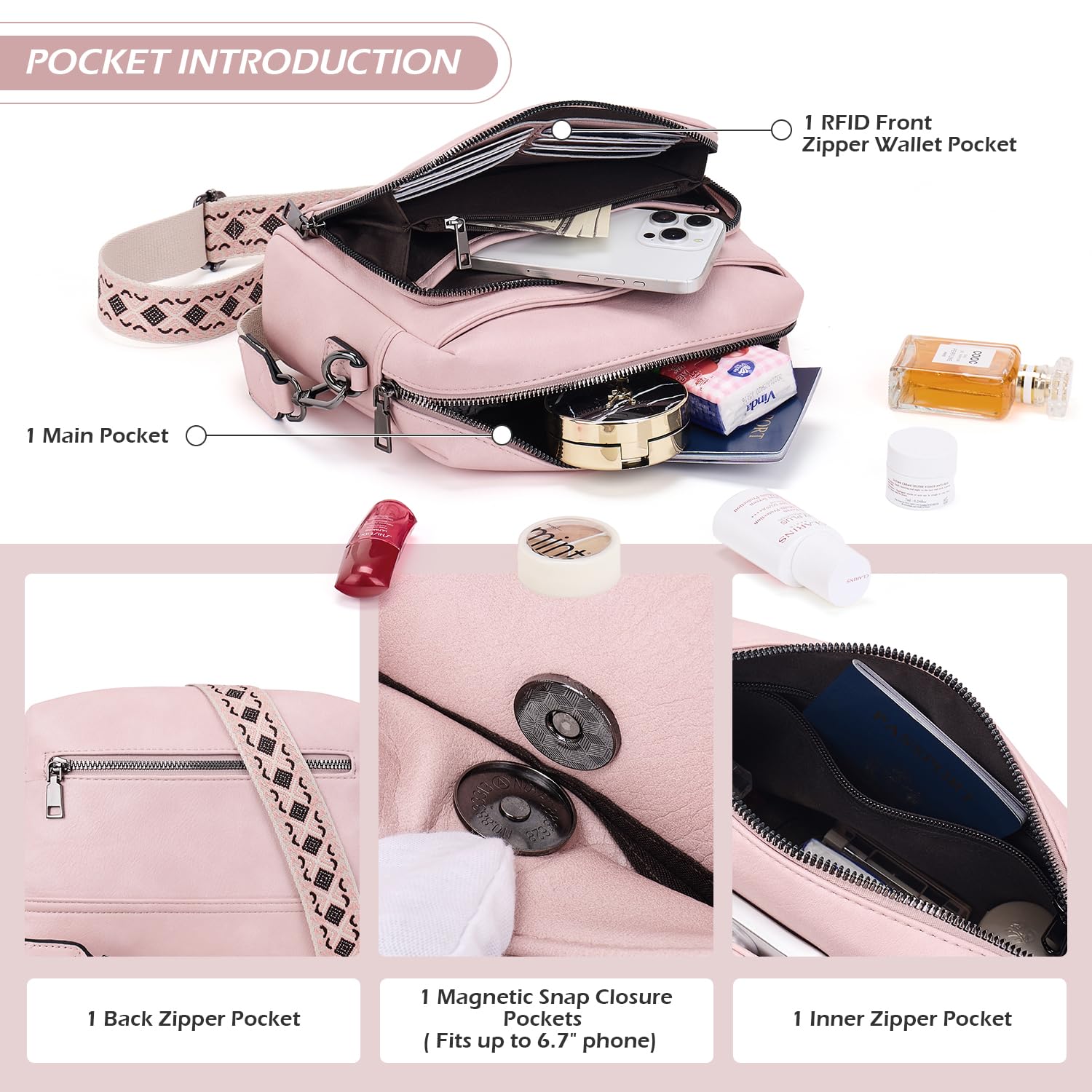 POIUGOYA Crossbody Purses for Women Trendy,Vegan Leather Medium Crossbody Bag,Women's Crossbody Travel Purse Built in Wallet: Retro Pink