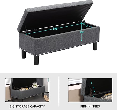 Miniatura 5 de Furnimart Banco otomano de almacenamiento de 42.5 pulgadas, banco de almacenamiento tapizado para dormitorio, entrada, sala de estar, lino copetudo