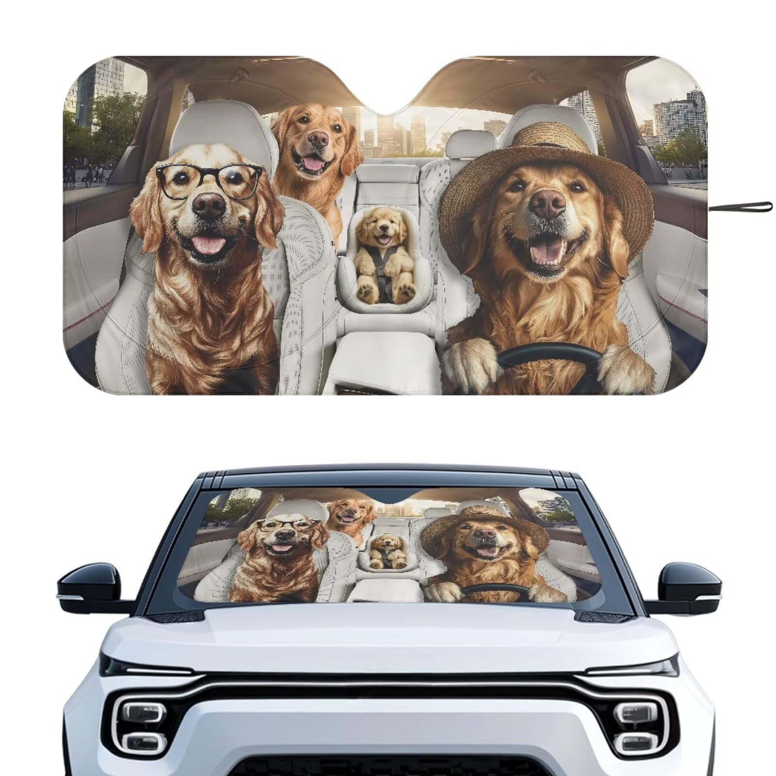 Car Windshield Sunshade - Foldable Funny Golden Retriever Driving Car Windshield Sun Shade for Front Window for Most Sedans SUV Truck - Auto Sun Heat and UV Rays Blocker