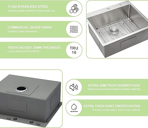 Miniatura 7 de Fregadero de cocina de acero inoxidable de calibre 16 hecho a mano de 25 x 22 pulgadas, montaje superior, para cocina, RV, bar, preparación,