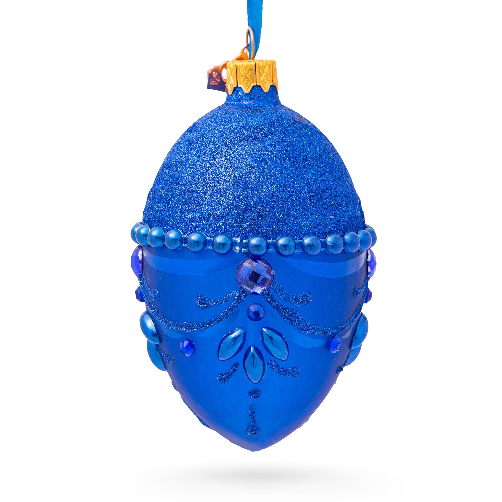 Finis les ornements ternes œuf en verre bleu lustre bejeweled éclatant 10cm