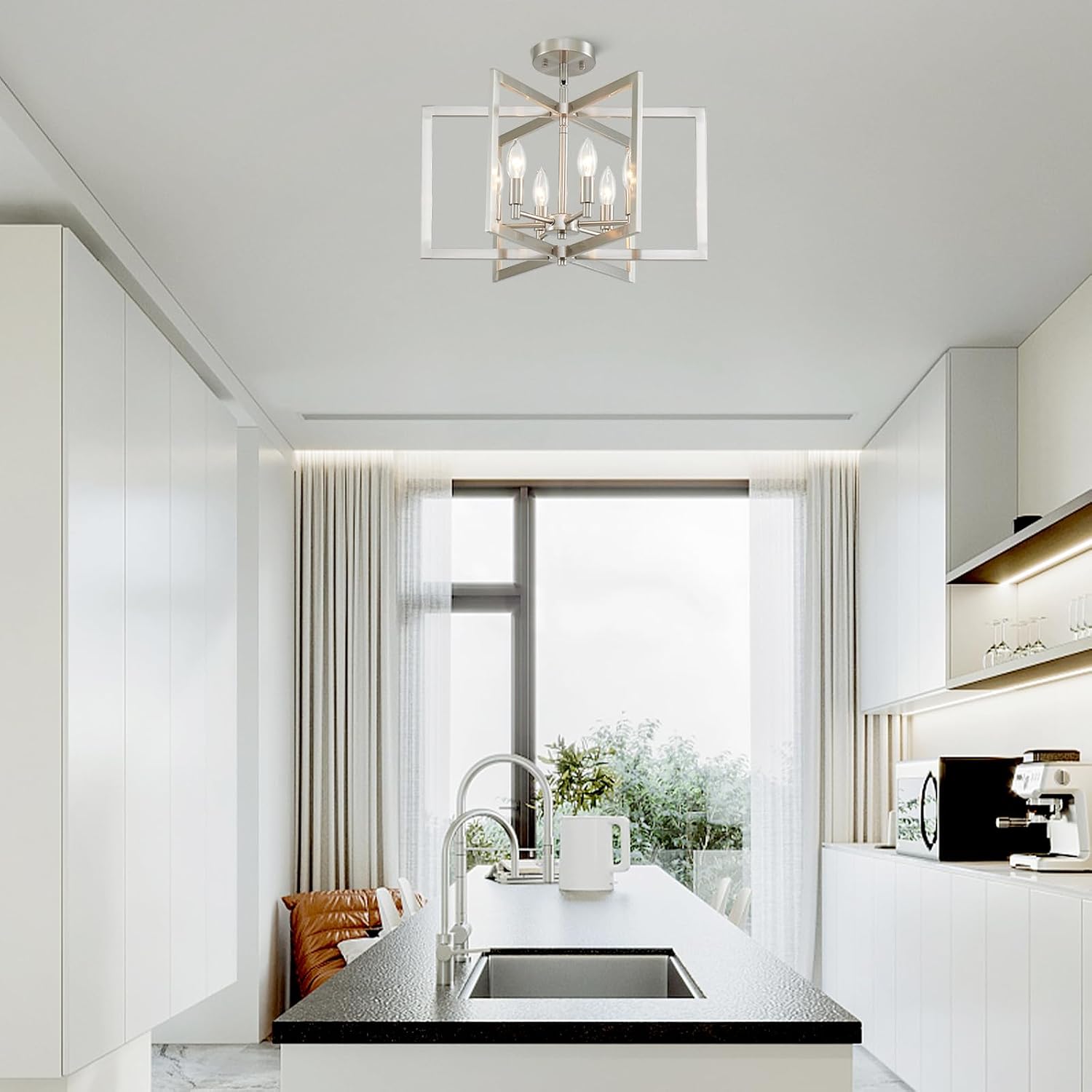 Brushed Nickel Chandelier 6-Light Modern Geometric Metal Lighting Fixture for Dining Room Kitchen Island Living Room Entryway Hallway Bedroom, 20 Inch Adjustable Pendant Ceiling Hanging Lamp