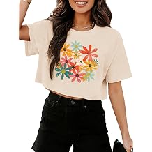 Binshre Womens Short Sleeve Crops Tops Summer Graphic Tees Crew Neck Cropped T Shirts Casual Loose Fit Blouse