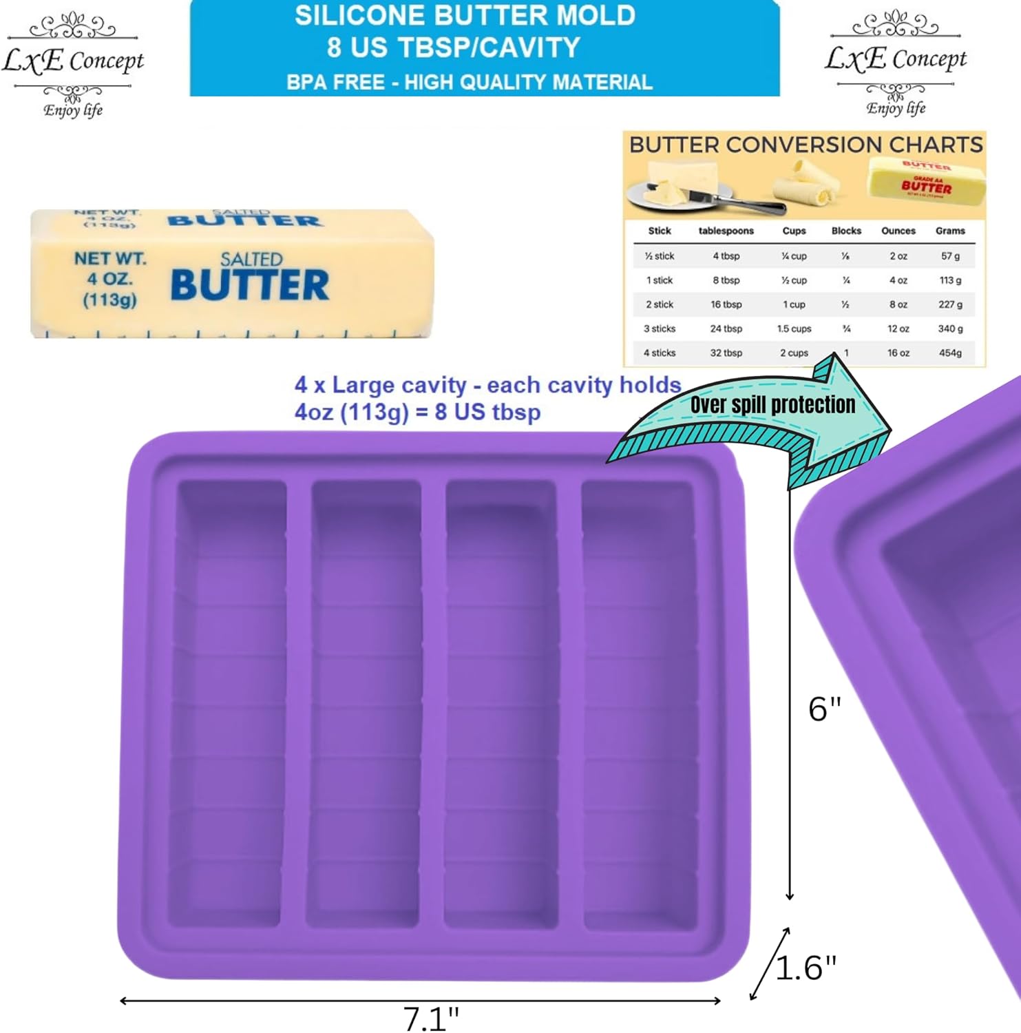Silicone Butter Mold Set - Holds 8 Tablespoons, Standard Butter Stick Size, Large Cavity Butter Maker, Non-Stick Butter Tray, spatula & lid (4XPURPLE-BLUE-GREEN-BROWN & SPATULA)