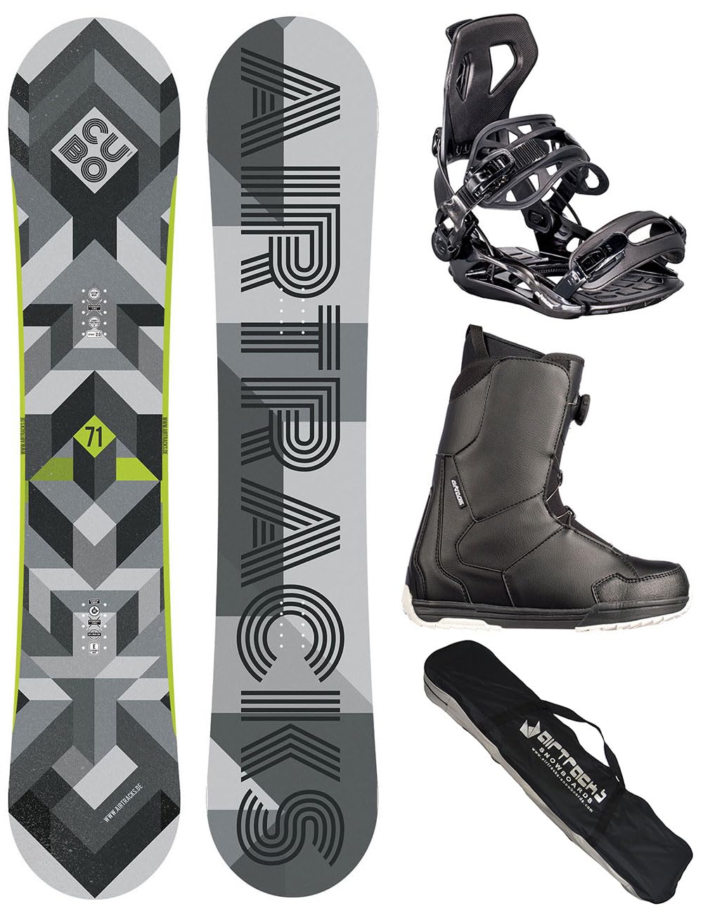 AIRTRACKS Snowboard Set Pack Planche Cubo Extra Wide + Fixations Master + Chaussures + SB Sac / 155 159 161 165 168 171 cm