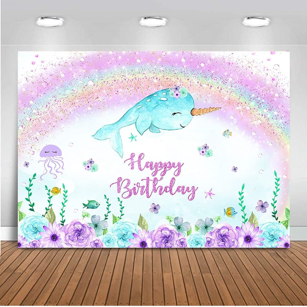 Avezano Girl Narwhal Birthday Backdrop Under The Sea Purple Flowers Photo Background Glitter Rainbow Birthday Party Decoration Banner (8x6ft)