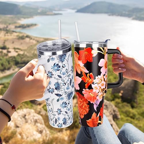 Miniatura 6 de SYACOT Vaso de 40 onzas con asa y pajita, vaso aislado de acero inoxidable, tapa a prueba de fugas y tapa con pajita, taza de café reutilizable de