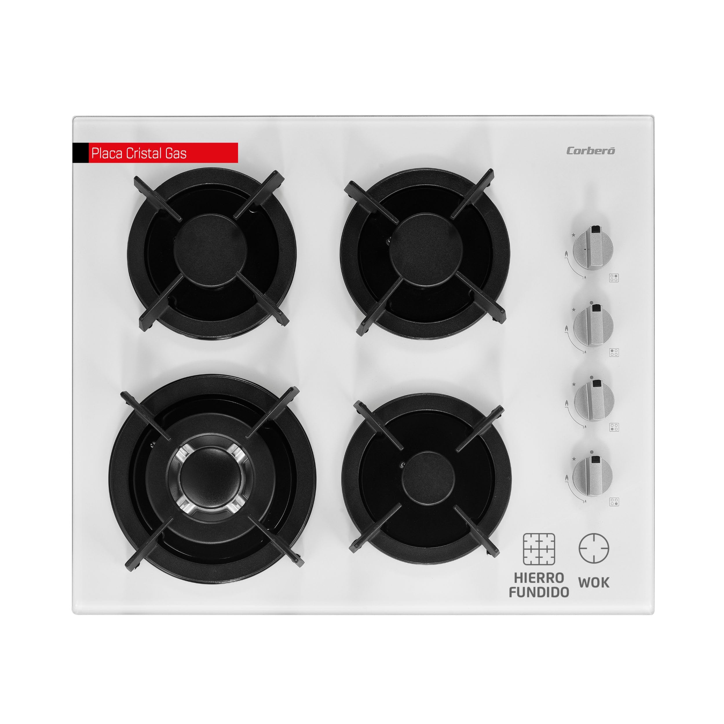 Corberó - Plaque en verre à gaz CPCGY2314W | Puissance 7,8 kW | 4 feux | Zone Wok | Grille en fonte | Valve de sécurité et arrêt automatique, blanc, fonte