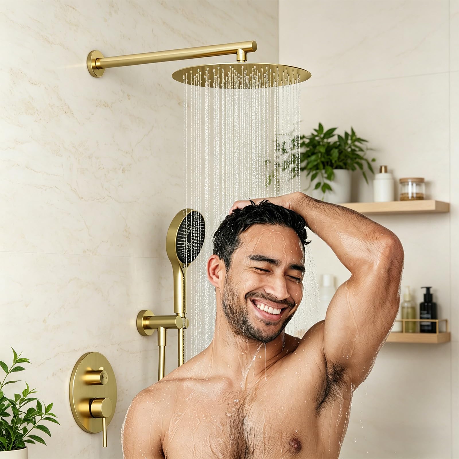 Columna Ducha Empotrada Duchas de Baño Dorada con Alcachofa Superior Grande de 40 cm, Sistema Ducha Empotrado con Rociador de Ducha 3 Modos, Oro Duchas de Baño Columna de Latón