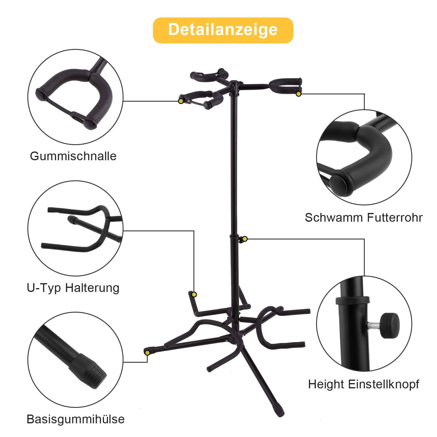 Gitarrenständer, Pujuas 3-fach Faltbarer Gitarrenständer Metall Stativ Guitar Stand für Konzertgitarre, Westerngitarre, Akustikgitarre