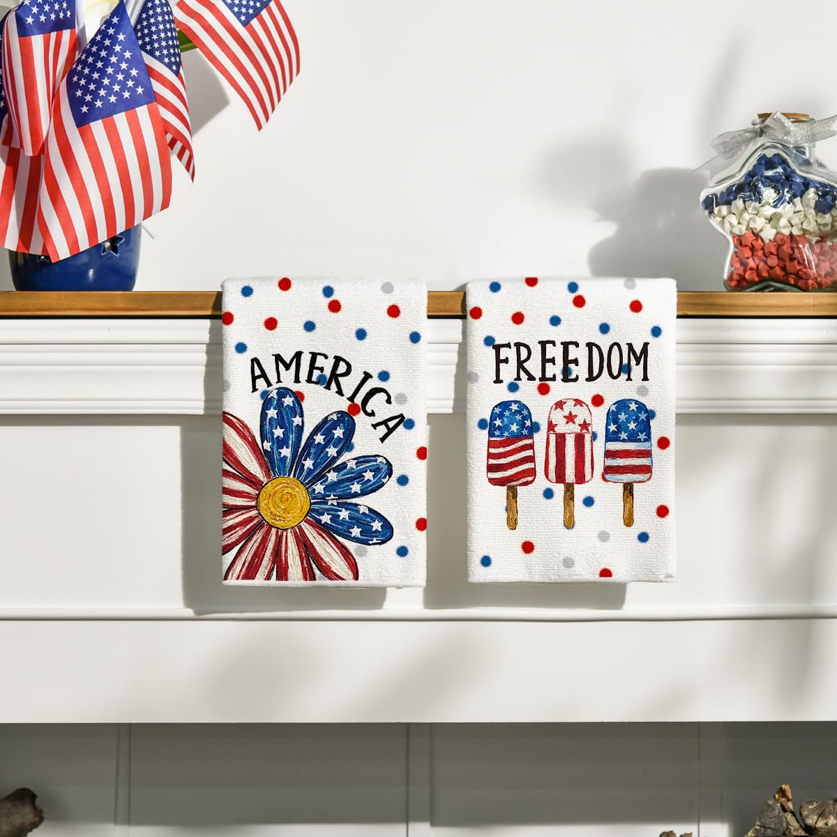 Artoid Mode Colorful Sunflower Ice Cream 4th of July Kitchen Towels Dish Towels, 18x26 Inch Independence Day Decoration Cleaning Set of 2